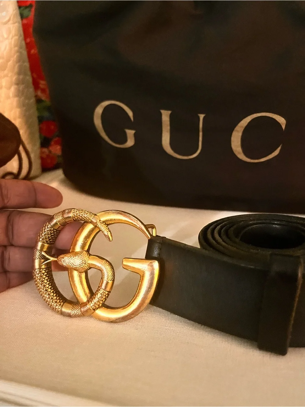 Gucci Black Leather Belt with Gold Double G Snake Buckle unisex